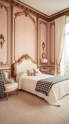 a bedroom with pink walls and gold trimmings on the headboard, bed, and chair