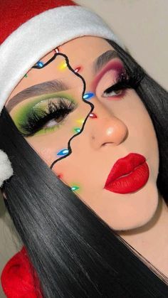 Christmas Themed Makeup Looks, Christmas Creative Makeup Looks, Winter Wonderland Makeup Ideas, Xmas Makeup Ideas, Christmas Sfx Makeup Ideas, Christmas Light Makeup, Elf Makeup Ideas, Simple Grinch Makeup, Makeup Ideas Birthday