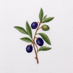 an embroidered branch with blue berries and green leaves