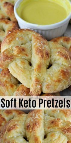 soft keto pretzels with dipping sauce in the middle and on the side