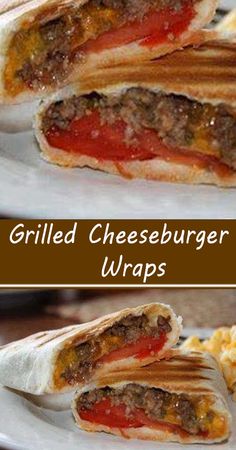 grilled cheeseburger wraps on a white plate with macaroni and cheese