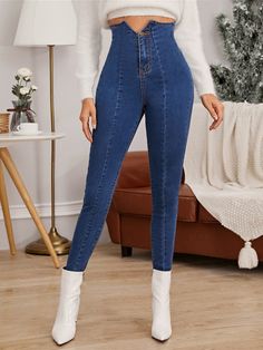 Navy Blue    Denim Plain Skinny Embellished High Stretch  Women Denim Denim Jeans Outfit, High Waist Jeggings, Chic Jeans, Denim Jeans Fashion, Moda Jeans, Denim Chic, Denim Pants Women, Outfit Jeans, Shorts Jeans