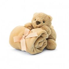 a teddy bear wrapped in a blanket with a bow on it's head, sitting next to a white background