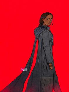 a drawing of a woman wearing a gray dress and black shawl, standing in front of a red background