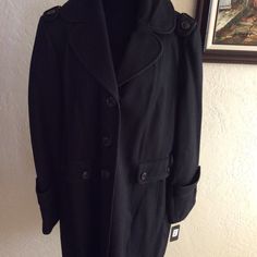 Nwts Beautiful Guess Black Wool Coat Size 2x Fully Lined. Front Pockets. Back Design With Button. Military Top On Shoulders. Black Long Coat Outerwear With Buttons, Black Long Coat With Buttons, Black Button Closure Outerwear For Office, Black Winter Outerwear With Button Cuffs, Black Button-up Outerwear With Double Button Closure, Classic Black Outerwear With Buttons, Black Double-breasted Outerwear With Button Cuffs, Black Long Coat With Button Closure, Black Buttoned Outerwear For Fall