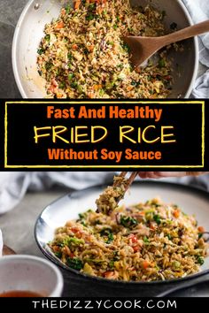 fried rice with soy sauce in a skillet