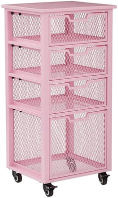 a pink cart with four drawers on wheels