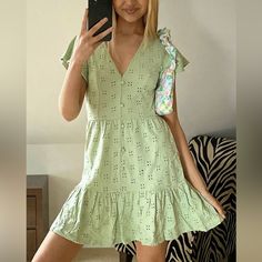 Asos Design * Broderie V Neck Button Through Mini Dress With Pep Hem In Sage Green * Us 10 * Never Worn Perfect Condition Casual Eyelet Dress For Day Out, Casual Short Sleeve Broderie Anglaise Mini Dress, Short Sleeve Eyelet Dresses For The Beach, Casual Eyelet Dresses For Spring, Casual Broderie Anglaise Mini Dress For Day Out, Casual Eyelet Dress With Short Sleeves, Asos Dress, Asos Dresses, Sage Green