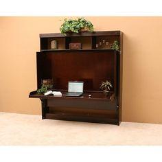 an office desk with a bookcase and potted plants on it in front of a wall