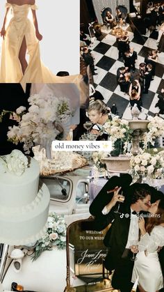 a collage of photos with people and wedding cake