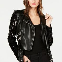 I.N.C. Sequin Sleeve Faux Leather Moto Jacket Created For Macy's Plastic Tag Loop Still On Jacket New Without Tags Sequin Sleeves Cropped Jacket 3 Front Zipper Pockets Of Which 2 Are Functional Adjustable Buckle Belt Belt Can Be Removed. Not Attached Jacket Is Fully Lined Faux Leather Is Very Soft Shell: Polyester; Sleeves: Rayon/Nylon/Spandex/Polyester; Lining: Polyester Size Medium: Armpit To Armpit 17" Waist 14" Flat (28") Sequin Sleeve Length 24" Total Length 19" Excellent Condition Sequins Punk Style Leather Jacket For Party In Fall, Edgy Winter Party Biker Jacket, Fall Evening Outerwear With Zipper Closure, Edgy Leather Jacket With Zipper For Party, Edgy Outerwear For Fall Evenings, Edgy Evening Outerwear For Fall, Winter Party Leather Jacket With Zipper Closure, Winter Party Leather Jacket With Zipper, Edgy Biker Jacket For Spring Party