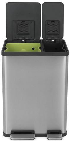 a large metal trash can with two bins on the top and one lid open