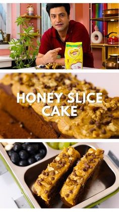 a man sitting at a table in front of a plate of food and the words honey slice cake