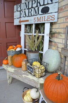 pumpkins and gourds are sitting on a bench in front of a building