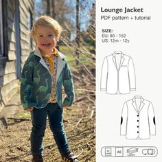 SEWING PATTERN: LOUNGE JACKET\n\nThis lovely jacket is designed unisex and is the perfect layering piece to add to your child’s wardrobe. \nThe pattern comes with some cute extras to create a unique and stylish jacket; for example, you can add&nbs Teen Jackets, Girls Blazers, Plus Size Sewing Patterns, Unique Backpacks, Girls Dress Sewing Patterns, Jacket Pattern Sewing, Baby Jacket, Stylish Jackets, Kids Coats