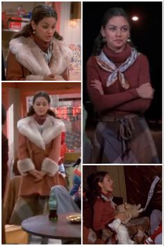 four different pictures of women in coats and scarves, one with her arms crossed