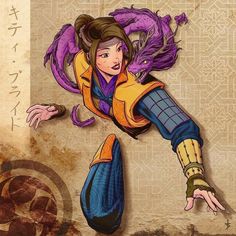 a drawing of a woman with purple hair and an orange jacket is flying through the air