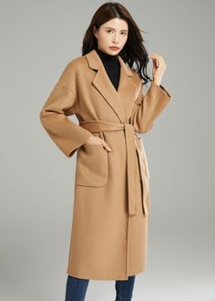 "This elegant brown coat features a classic wrap, belted waist and full length sleeves. The perfect drape for a relaxed style that's easy to style. ★★ FEATURES More color: https://etsy.me/3wsq0Kk 50% wool, 50% fiber, nylon Two side pockets Belt closure Lapel collar Long sleeve Side split Belted wool coat Long wool coat Casual wool coat Perfect for winter, autumn Dry clean ★★Mode size Height 170cm (5′ 7″) Bust 84 cm (33\") Waist 66 cm (26\") She wears size XS. ★★ Custom order selection, Will char Long Winter Outerwear With Belted Cuffs, Long Belted Wool Coat For Fall, Belted Long Wool Coat For Fall, Fall Wool Coat With Belted Cuffs, Formal Fall Outerwear With Belt, Brown Wool Coat With Lapel Collar For Spring, Elegant Brown Wool Coat With Long Sleeves, Formal Belted Beige Wool Coat, Formal Beige Belted Wool Coat