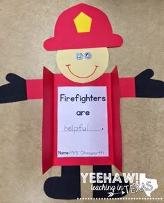 a paper fireman is holding a sign that says firefighters are helpful with the words