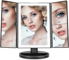 three different images of the same woman's face in front of a computer screen