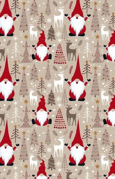 a christmas pattern with santa claus and reindeers in the woods on a light brown background