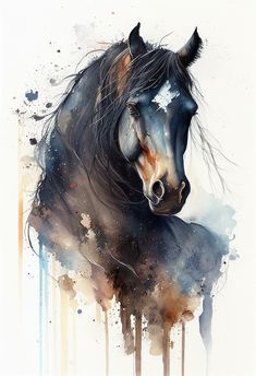 a painting of a black horse with long hair