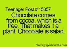 a green background with the words teenage post 1567 chocolate comes from cocoa which is a tree that makes it a plant chocolate is salad