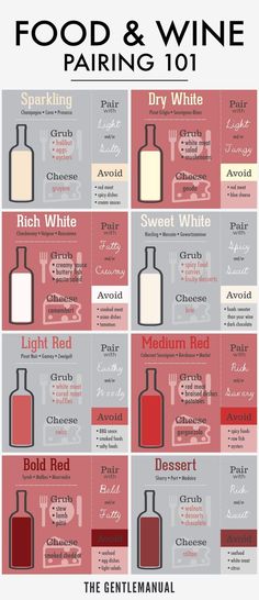 food and wine pairing 101 by the gentleman's manual, which includes different types of bottles