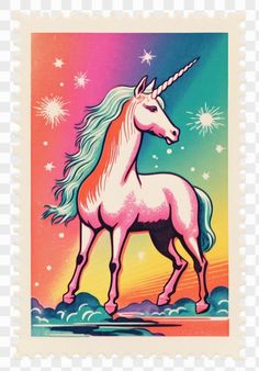 a postage stamp with an unicorn on it's face and stars in the background