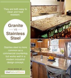 granite vs stainless steel is more commercial countertop, but works well in a modern industrial concept