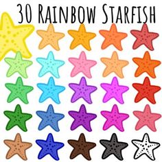 30 rainbow starfish stickers with different colors and sizes to choose from, on white background