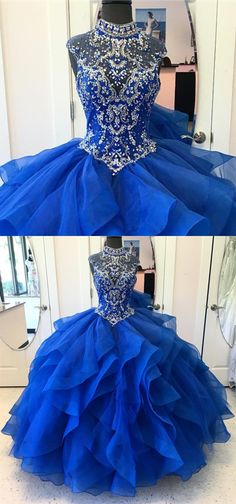 High Neck Crystal Beaded Bodice Corset Organza Layered Quinceanera Dresses Royal Blue Ball Gowns Organza Floor-length Ball Gown For Quinceanera, Royal Blue Ball Gown For Quinceanera And Prom Season, Embellished Ball Gown For Sweet 16, Sweet 16 Embellished Ball Gown, Royal Blue Gown For Quinceanera And Prom Season, Royal Blue Gown For Quinceanera And Prom, Sleeveless Embellished Ball Gown For Quinceanera, Embellished Princess Style Quinceanera Dress, Embellished Floor-length Quinceanera Dress For Pageant