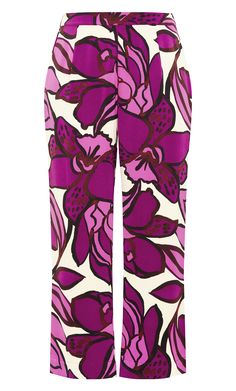 Whether you're heading out of town or dressing up for a day out with friends, be ready for anything with the Fiesta Print Pant! Featuring full length wide leg style, an elasticated waistband back and split hem for a carefree detail, this piece makes a statement wherever you go! Key Features Include: - Flat waistband in the front - Elasticated waistband back - Functional front pockets - Pull on style - Split hem details - Full length wide leg style Team with ankle strap patent pump heels. | Plus Plus Size Clothing Online, Print Pant, Cream Pants, Pump Heels, Plus Size Pants, Chic Woman, City Chic, Bottom Clothes, Printed Pants