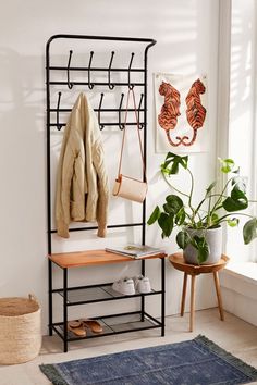 a room with a coat rack, rug and potted plant