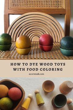 an assortment of wooden toys sitting on top of a table next to bowls and spoons