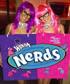 two women dressed up as nerds and one is holding a sign that says wonka