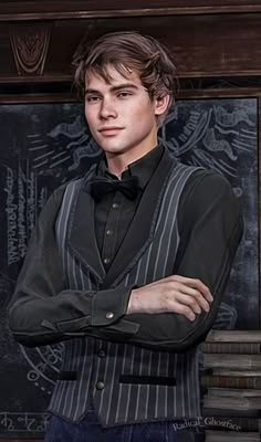 a painting of a young man with his arms crossed in front of a chalkboard