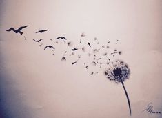 a dandelion blowing in the wind with birds flying around