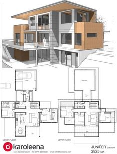 an architectural drawing of a modern house with floor plans and elevation details for each section