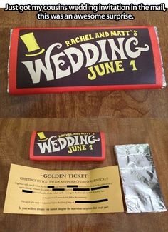 a wedding candy bar is on the table with its wrapper in front of it