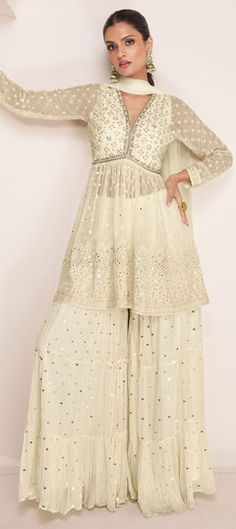 White and Off White color Salwar Kameez in Georgette fabric with Embroidered, Sequence work White Sharara, Indowestern Gowns, Wedding Salwar Kameez, Sequence Embroidery, Party Wear Kurtis, Palazzo Suit, Simple Sarees, Sharara Suit, Utsav Fashion