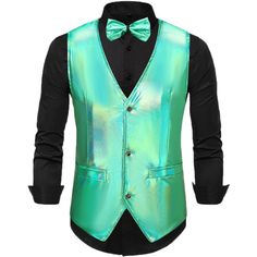 This metallic vest has a special, stylish, and unique design. The metallic vest pairs with holographic shirts and blazers for a stylish look. The holographic vest is suitable for many occasions, including stage performances, disco, and cosplay. It can also be a special gift for friends or family on Halloween or Christmas. Fitted Halloween Party Vest, Fitted Vest For Halloween Party, Winter Party Fitted Vest, Vest Types, Metallic Suit, Holographic Shirt, Wedding Vest, Prom Costume, 2023 Clothing