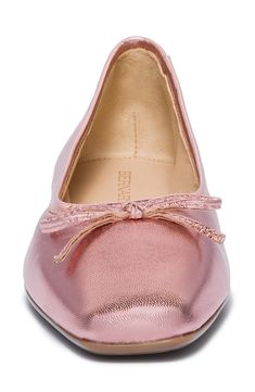 A classic ballet flat crafted from luxe leather gets a contemporary update with a blunt square toe and a dainty bow ornament. Leather upper and lining/rubber sole Made in Brazil Pink Leather Ballet Flats For Formal Occasions, Feminine Evening Ballet Flats With Flat Heel, Formal Pink Leather Ballet Flats, Feminine Evening Ballet Flats, Elegant Pink Flats With Removable Insole, Leather Party Flats With Bow, Elegant Pink Flats With Leather Sole, Pink Low Heel Ballet Flats For Formal Occasions, Elegant Pink Ballet Flats With Low Heel