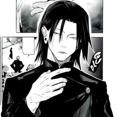 an anime character with long black hair holding his jacket