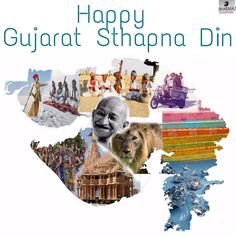 an advertisement for the happy gujrat sthanna din with images of people and animals