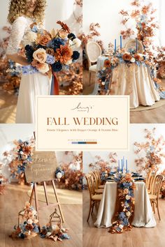 the wedding table is decorated with blue and orange flowers