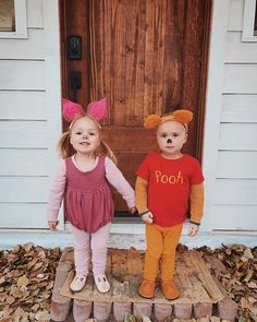 26 Clever Halloween Costume Ideas for Twins » Lady Decluttered 2 Toddler Girls Halloween Costumes, Pooh And Piglet Halloween Costumes, Two Under Two Halloween Costumes, Toddler Piglet Costume, Pooh Bear Family Costume, Toddler And Baby Costume Ideas, 2 Under 2 Halloween Costumes, Family Halloween Costumes With Baby And Toddler, Piglet Baby Costume