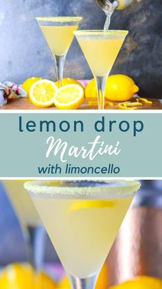 the lemon drop martini with limonocel is served in coupe glasses and garnished with an orange slice