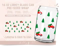 a glass jar with christmas trees and cars on it, next to an advertise