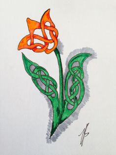 a drawing of two orange flowers with green stems in the shape of celtic knotes